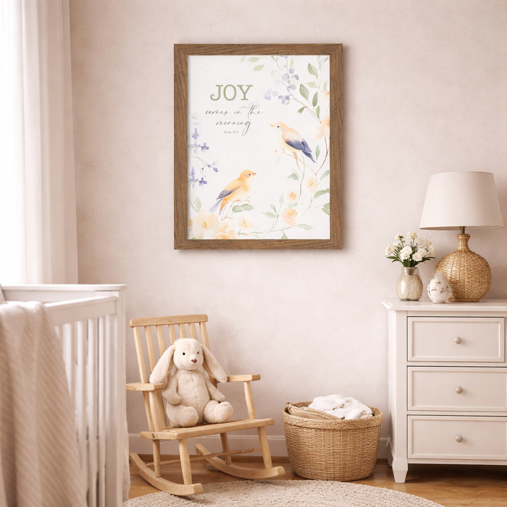 Joy Comes in the Morning Wall Art – Psalm 30:5 Watercolor Birds & Floral Scripture Decor (SB196)