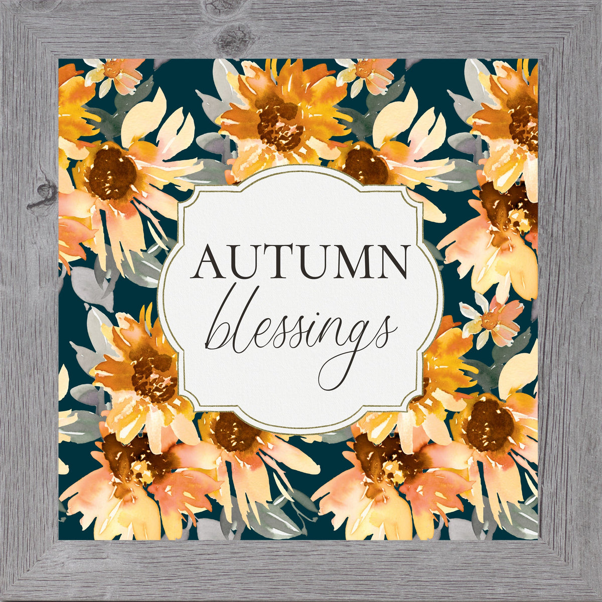 Autumn Blessings Wall Art – Navy Sunflower Fall Floral Square Farmhouse Framed Decor (SB307)