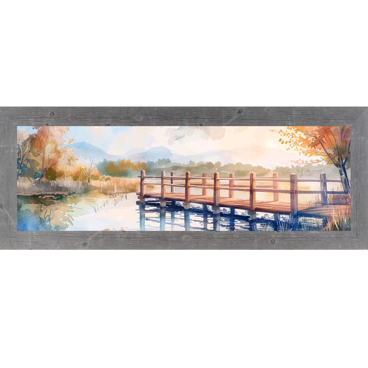 Autumn Pier Watercolor Wall Art – Wide Panoramic Lake Bridge Landscape Decor (SB943)