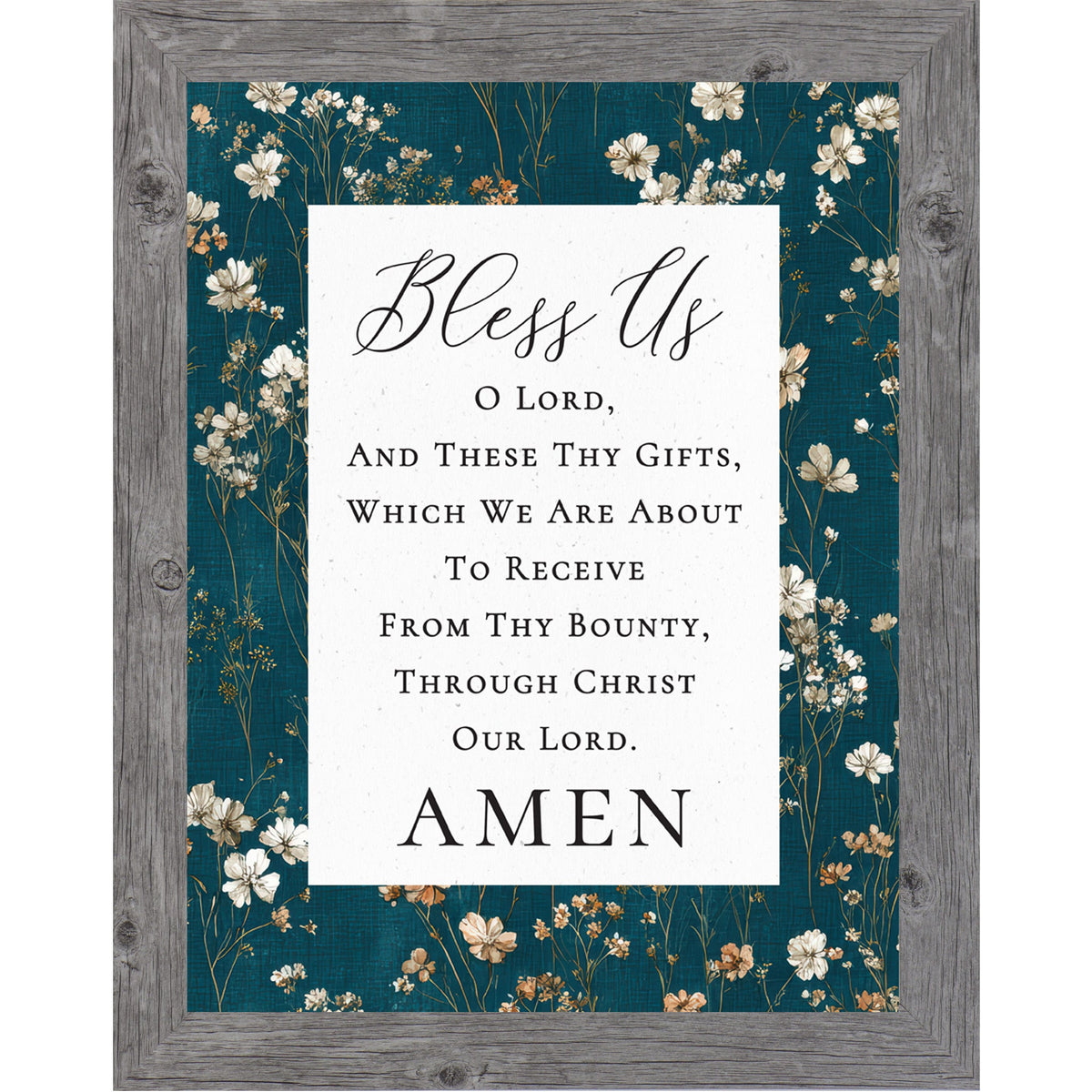 Bless Us O Lord Catholic Prayer Wall Art – Teal Floral Botanical Christian Decor (SB234)