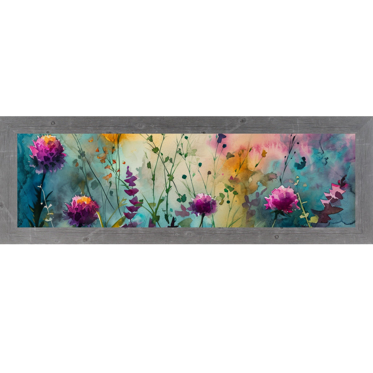 Teal Wildflower Wall Art – Watercolor Botanical Wide Landscape Floral Decor (SB932)