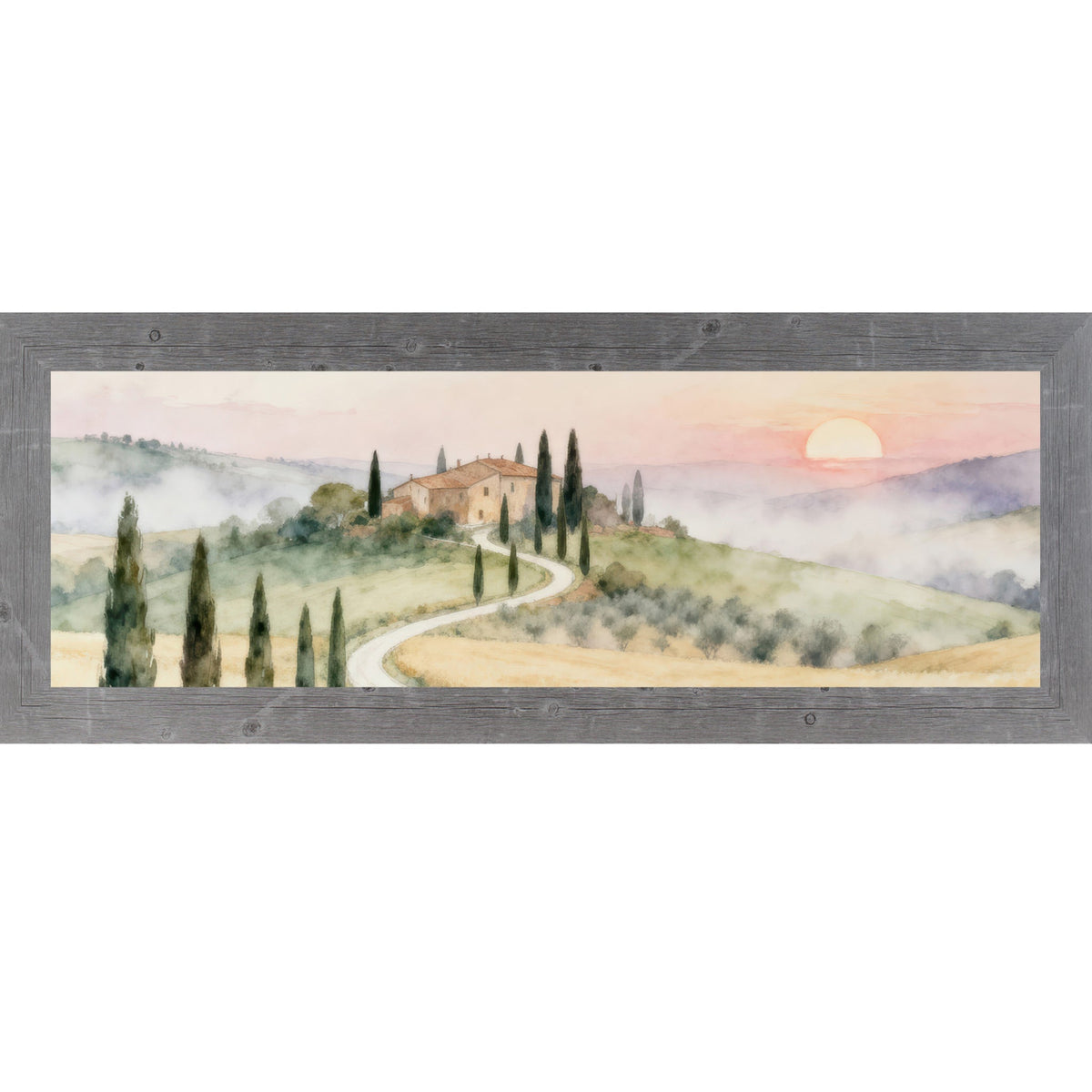 Tuscan Sunrise Road Wall Art – Watercolor Italian Countryside Wide Landscape Decor (SB925)
