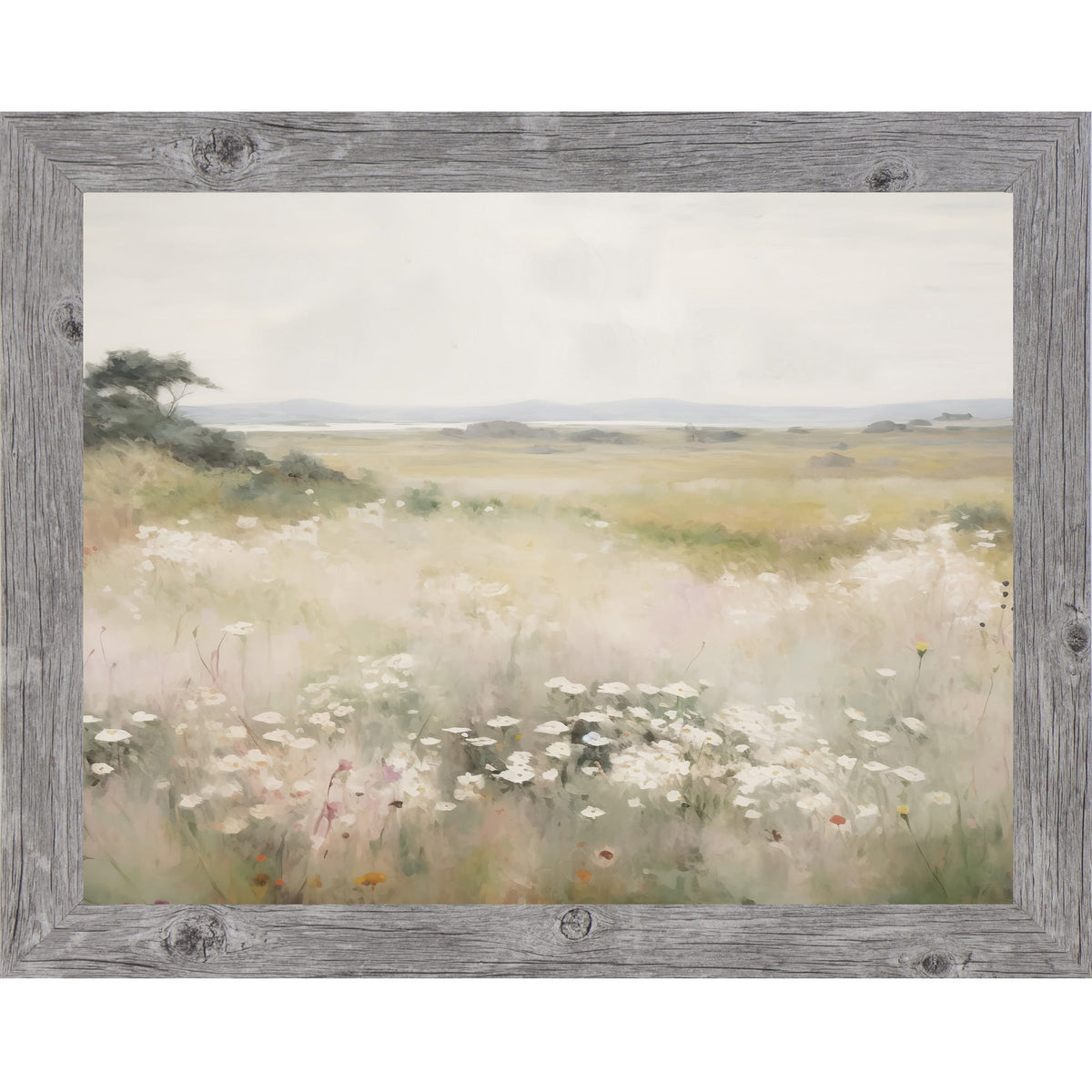Wildflower Meadow Wall Art – Watercolor White Flowers Coastal Landscape Neutral Floral Decor (SB225)