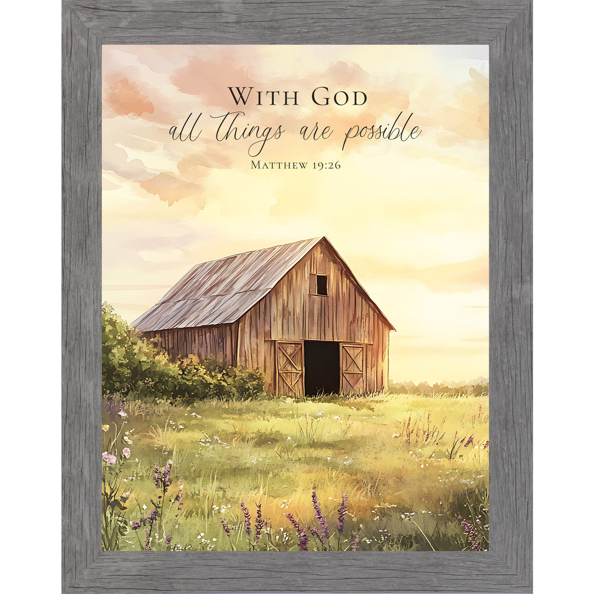 With God All Things Are Possible Wall Art – Matthew 19:26 Farmhouse Barn Sunrise Framed Decor (SB256)
