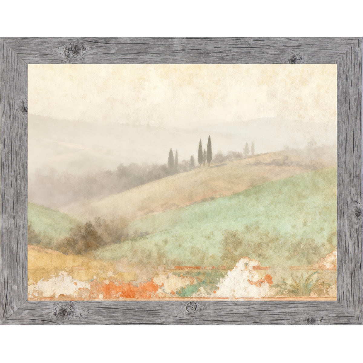 Tuscan Valley Mist Wall Art – Rolling Italian Hills Cypress Fresco Landscape Decor (SB220)