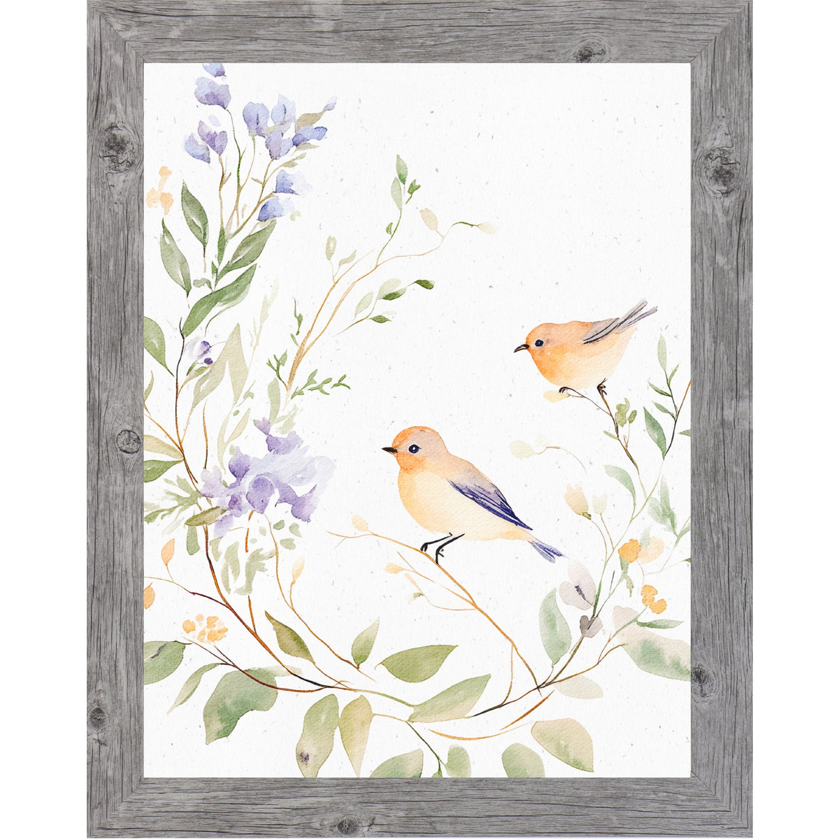 Watercolor Birds on Floral Branch Framed Wall Art – Soft Neutral Nature Decor, Bird Illustration (SB195)