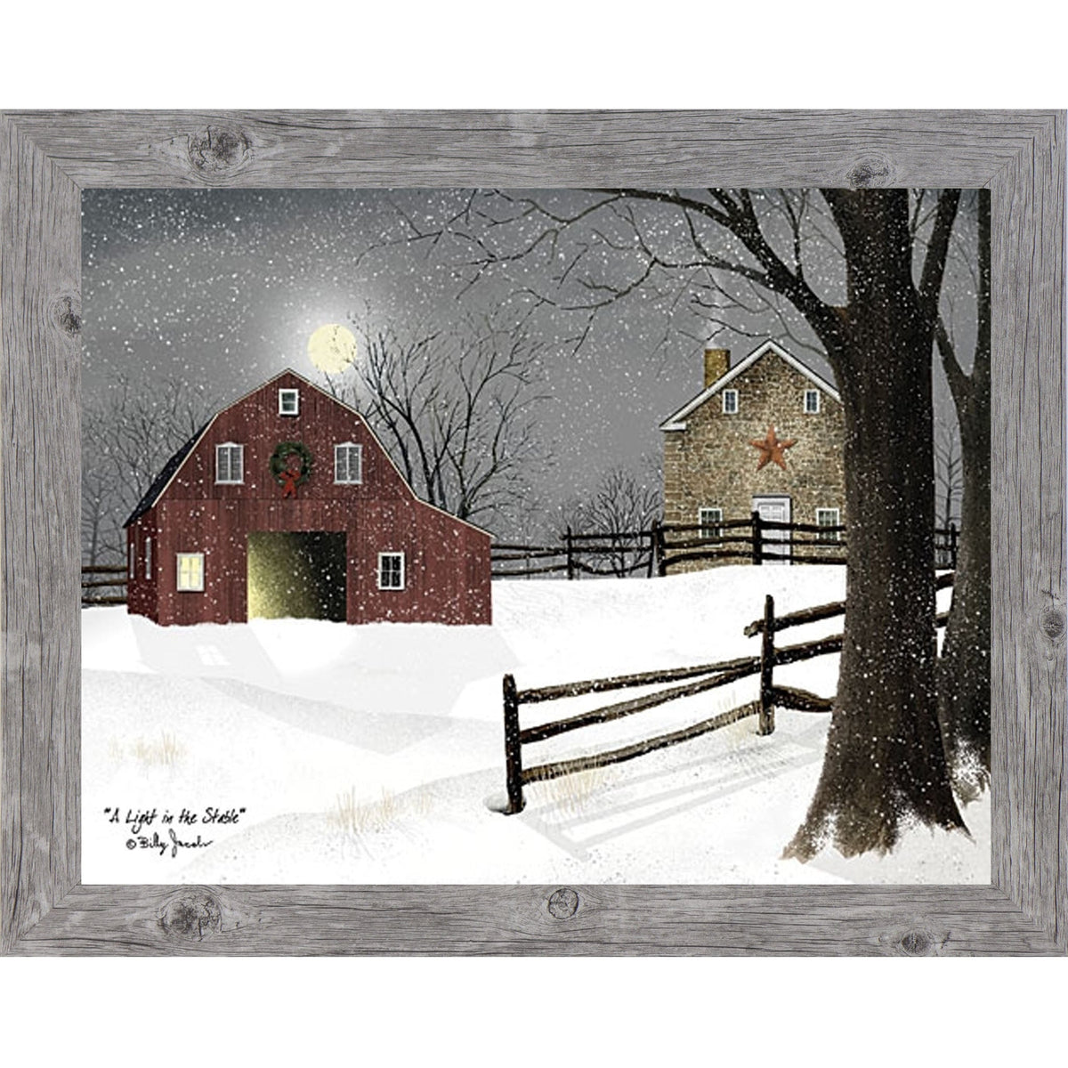 A Light in the Stable Wall Art by Billy Jacobs – Winter Barn Christmas Framed Print (BJ1068)