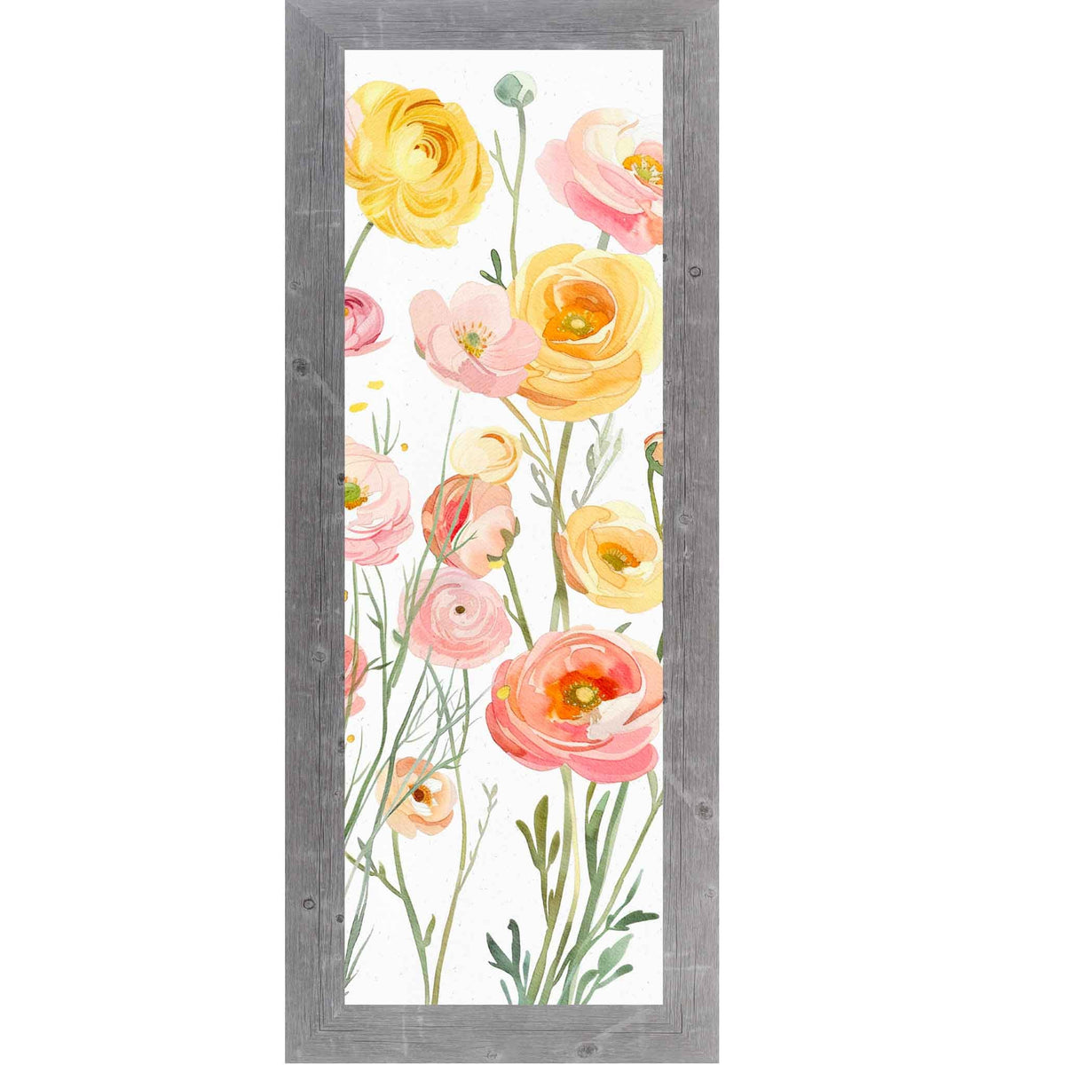Golden Ranunculus Meadow – Vertical Watercolor Floral Wall Art – Slim Botanical Framed Decor 8x20 to 14x40 (SB912)