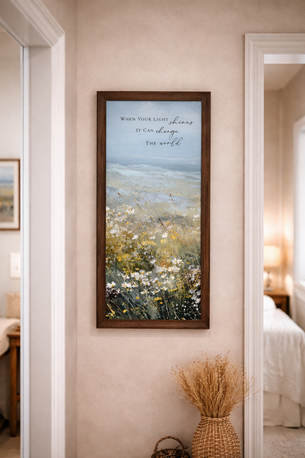 When Your Light Shines – Inspirational Floral Landscape Framed Wall Art, Watercolor Meadow Quote Decor (SB751)