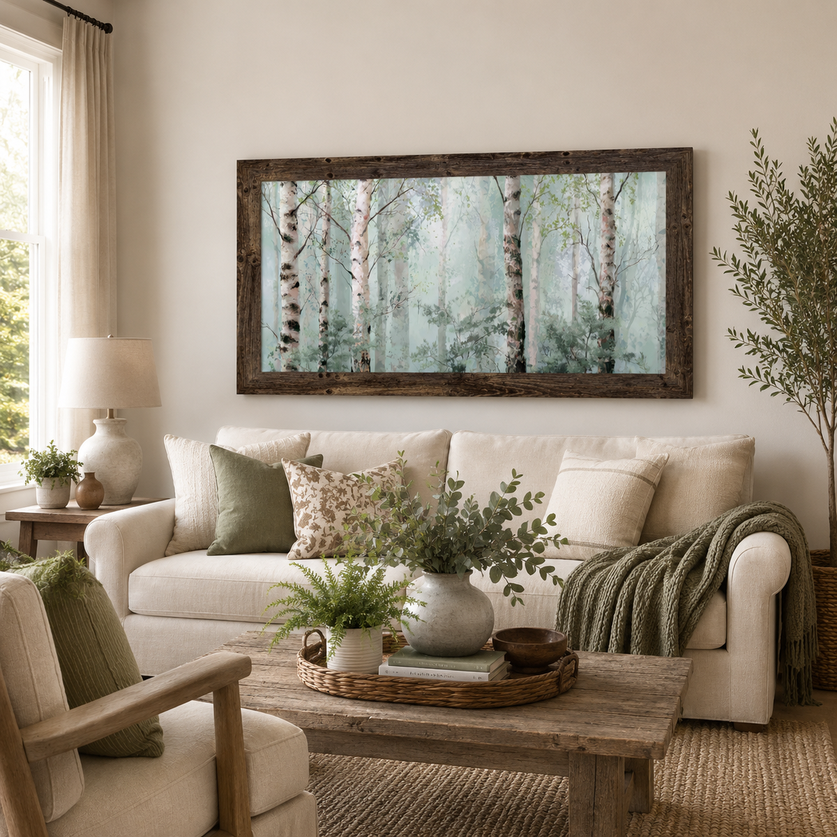Birch Forest Mist Wall Art – Soft Watercolor Birch Tree Wide Landscape Scenic Decor (SB737)