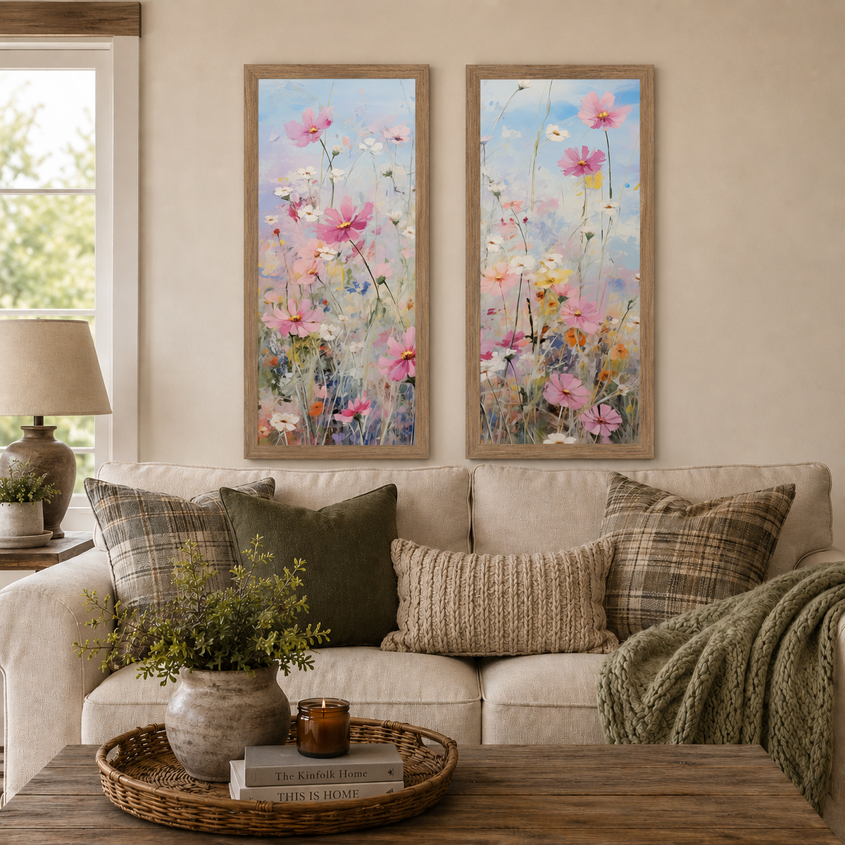 Cosmos Meadow Wall Art – Impressionist Pink Wildflower Tall Portrait Floral Farmhouse Decor (SB728)