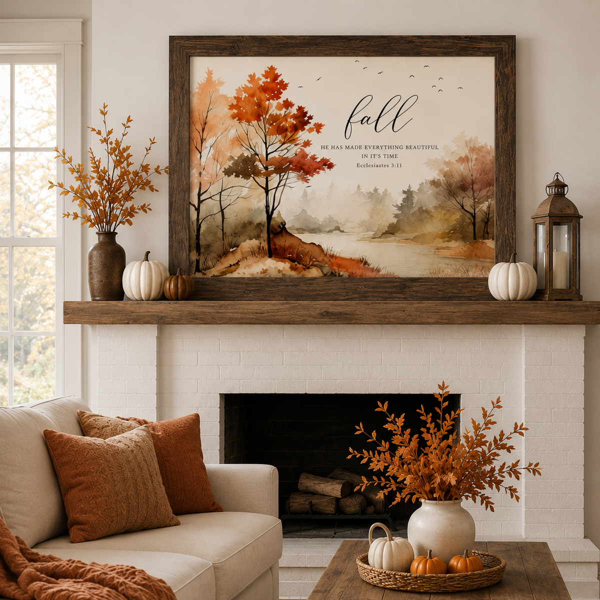 Fall He Has Made Everything Beautiful Wall Art – Ecclesiastes 3:11 Watercolor Autumn Landscape (SB249)