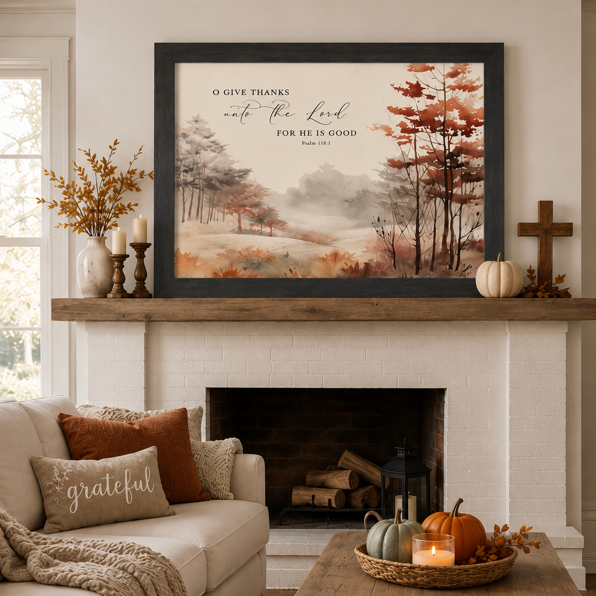 O Give Thanks Unto the Lord Wall Art – Psalm 118:1 Watercolor Autumn Landscape Christian Decor (SB250)