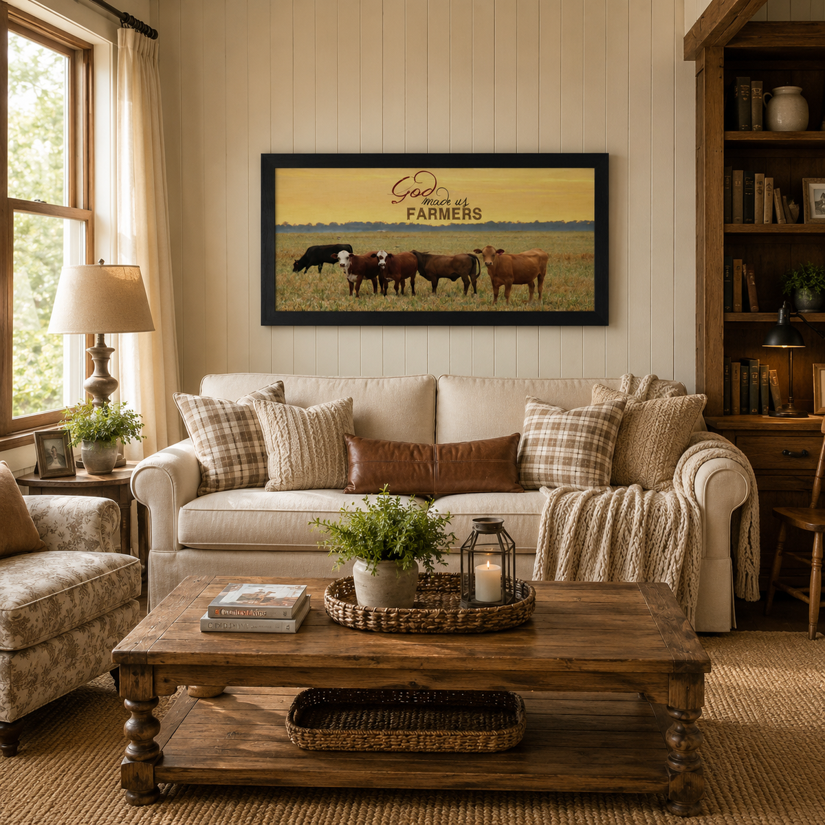 God Made Us Farmers Wall Art – Cattle Sunset Wide Landscape Farmhouse Decor (SSW1316)