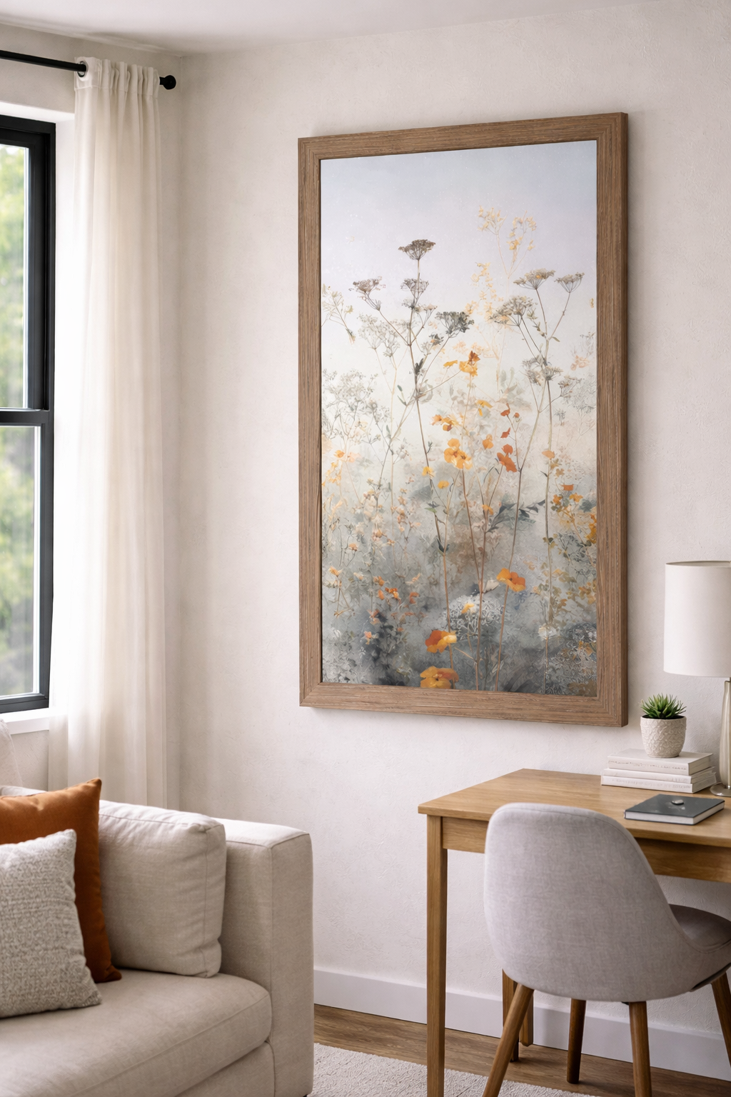 Soft Spring Wildflower Meadow Wall Art – Light Blue Botanical Floral Decor – Tall Vertical Framed Art (SB753)