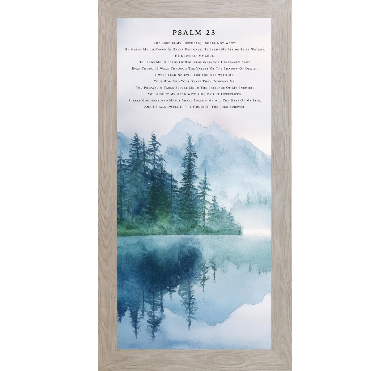Psalm 23 Framed Wall Art – Watercolor Lake & Mountain Scripture Artwork, Christian Landscape Decor (SB750)