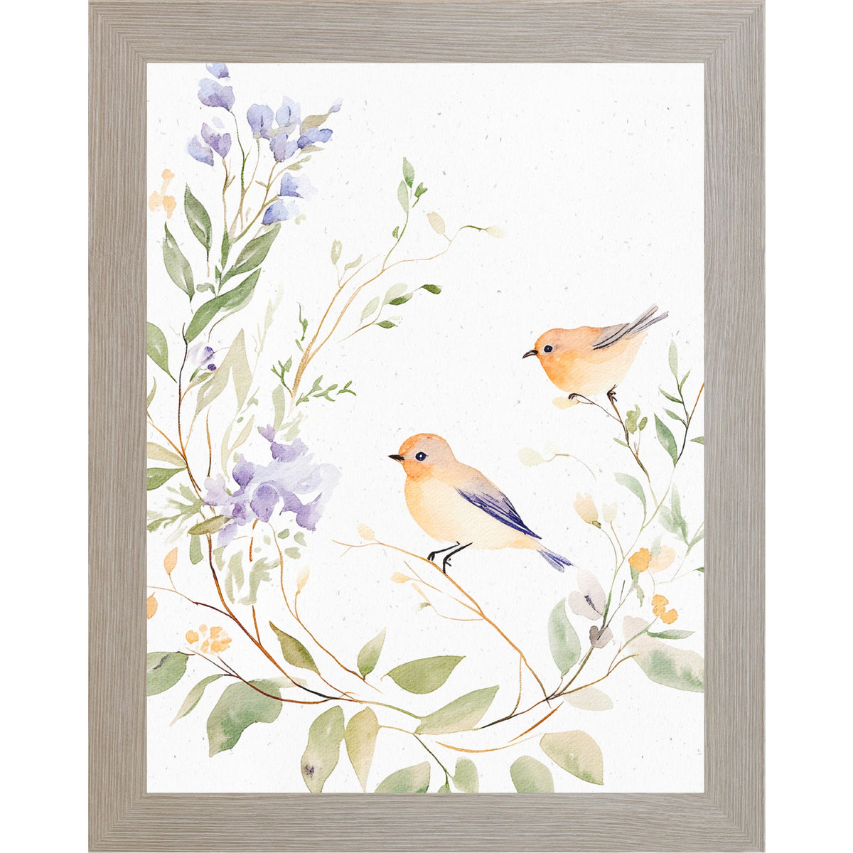 Watercolor Birds on Floral Branch Framed Wall Art – Soft Neutral Nature Decor, Bird Illustration (SB195)