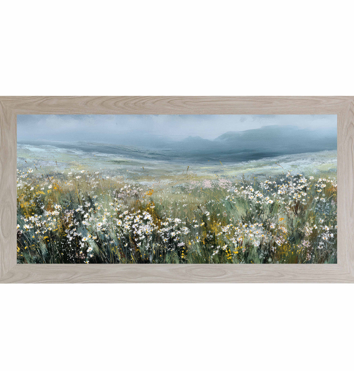 Wildflower Meadow Landscape Framed Wall Art – Watercolor Rolling Hills Floral Field Decor (SB752)