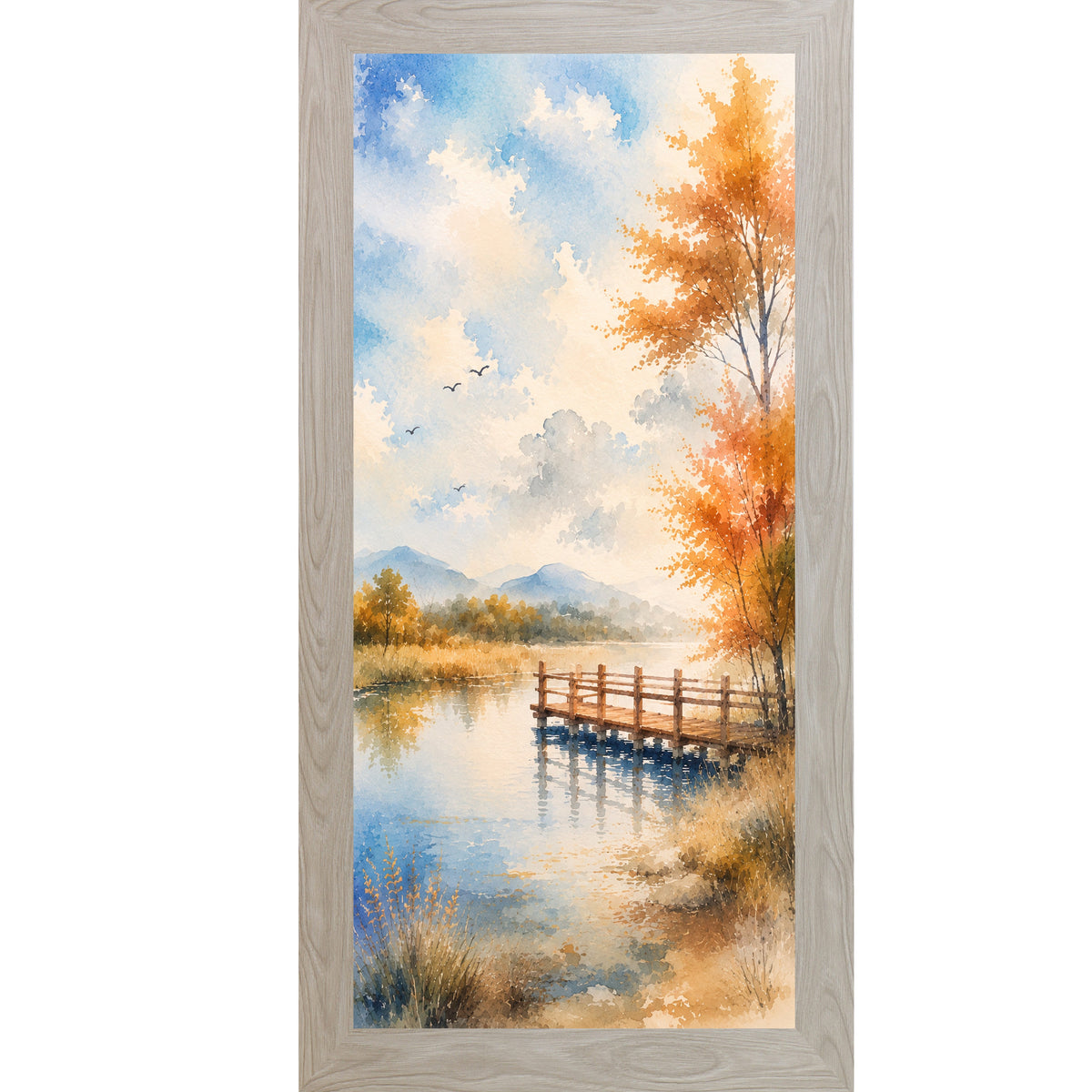 Autumn Pier Watercolor Wall Art – Tall Portrait Lake Scenic Landscape Decor (SB763)