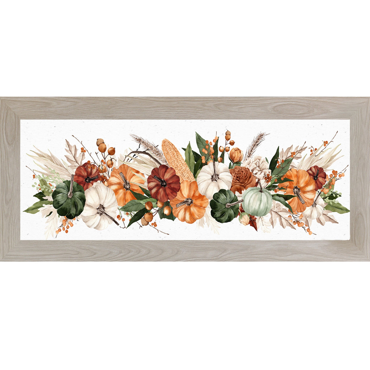 Harvest Wide Landscape Wall Art – Watercolor Pumpkin Corn Wheat Autumn Farmhouse Mantle Decor (SB949)