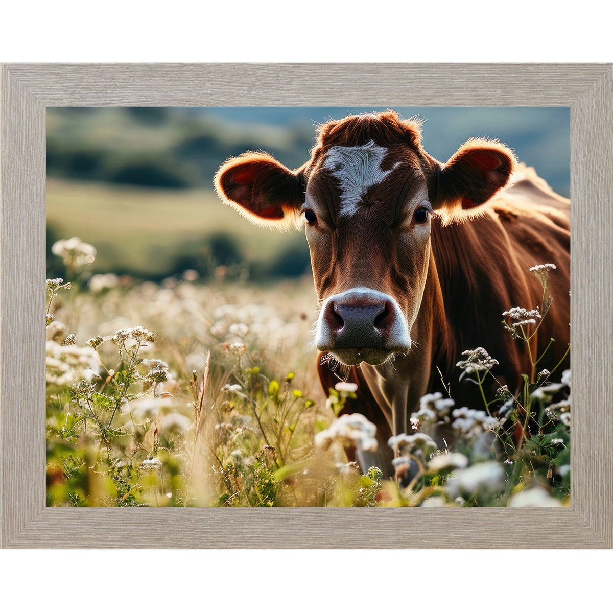 Jersey Cow Wildflower Field Wall Art – Farmhouse Cattle Scenic Landscape Decor (SB238)
