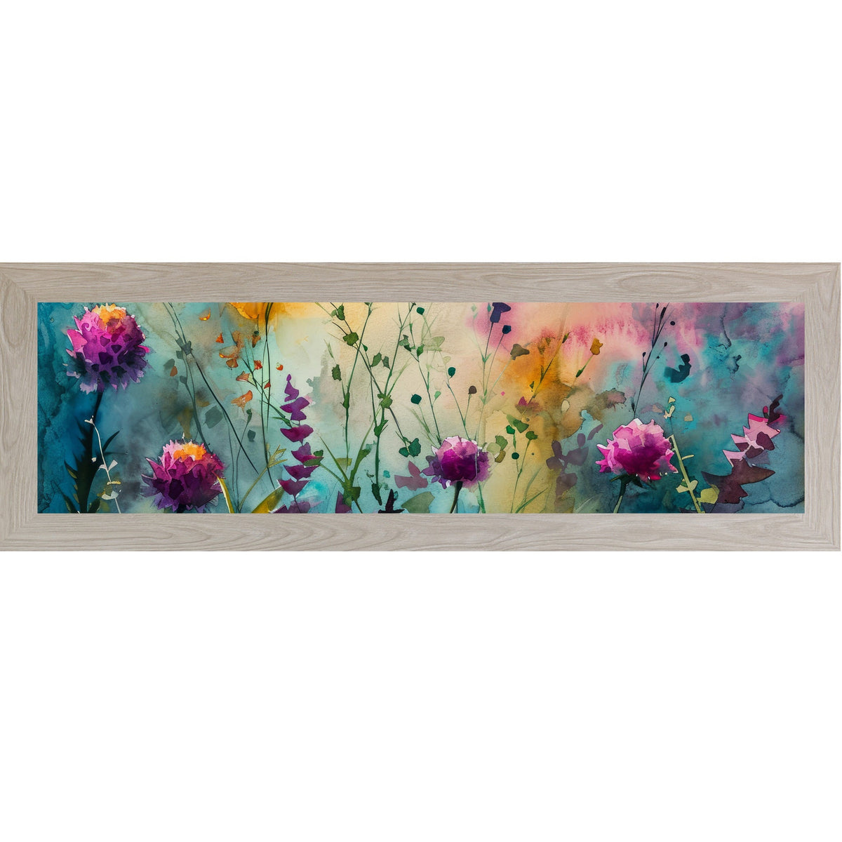 Teal Wildflower Wall Art – Watercolor Botanical Wide Landscape Floral Decor (SB932)
