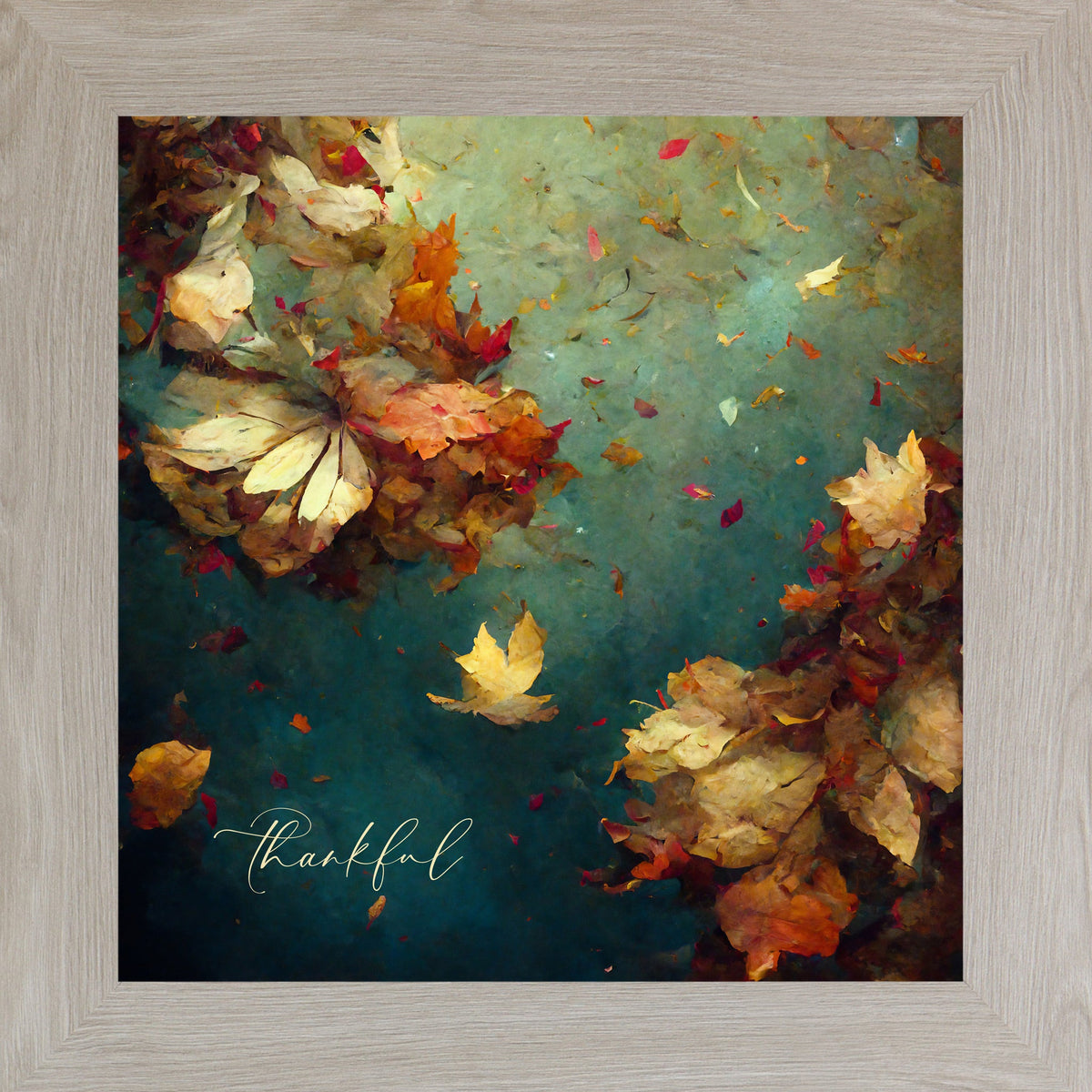 Thankful Fall Wall Art – Teal Watercolor Autumn Leaves Square Farmhouse Decor (SB306)