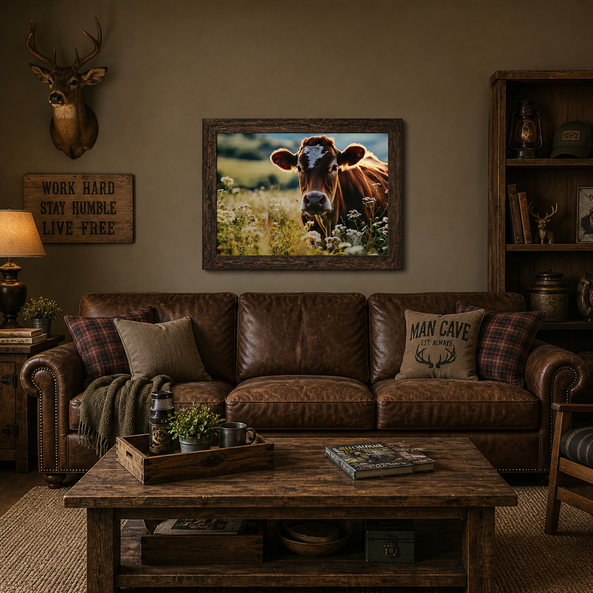 Jersey Cow Wildflower Field Wall Art – Farmhouse Cattle Scenic Landscape Decor (SB238)