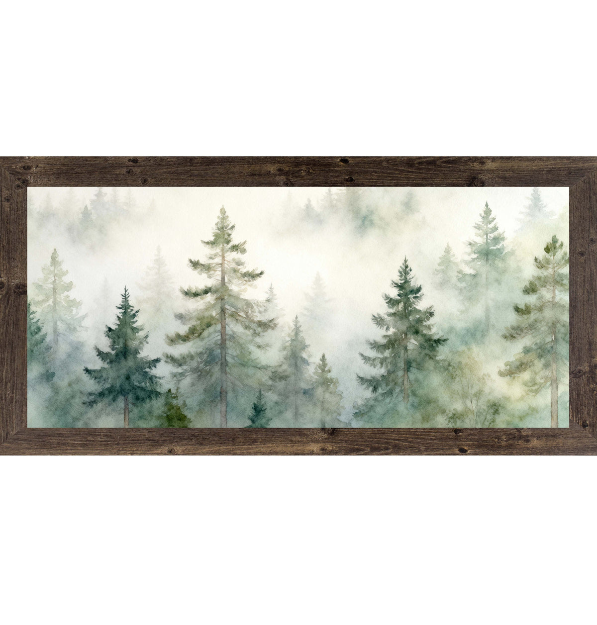 Misty Evergreen Forest – Wide Watercolor Pine Tree Framed Wall Art | Calm Nature Decor (SB725)