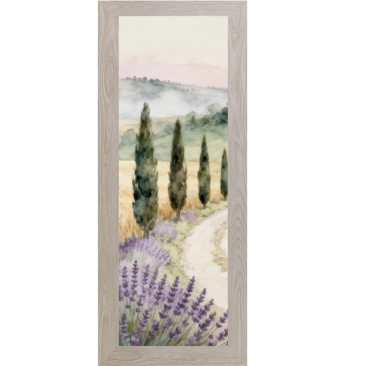 Tuscan Lavender Path Wall Art – Watercolor Cypress Trees Italian Countryside Narrow Portrait Decor (SB915)