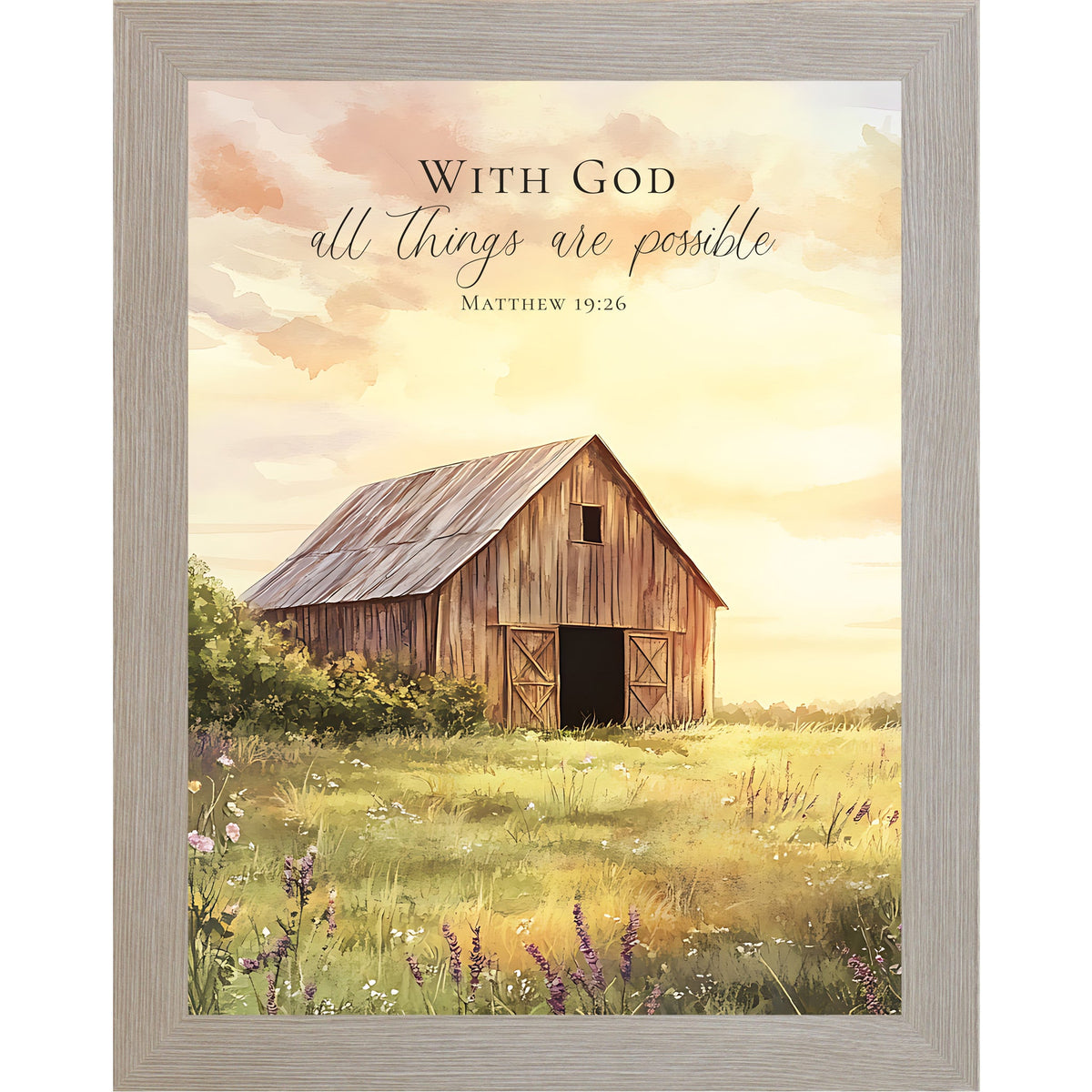 With God All Things Are Possible Wall Art – Matthew 19:26 Farmhouse Barn Sunrise Framed Decor (SB256)