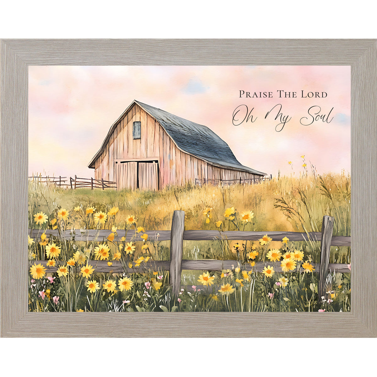 Praise The Lord Oh My Soul Wall Art – Christian Farmhouse Barn Sunflower Landscape Framed Decor (SB254)