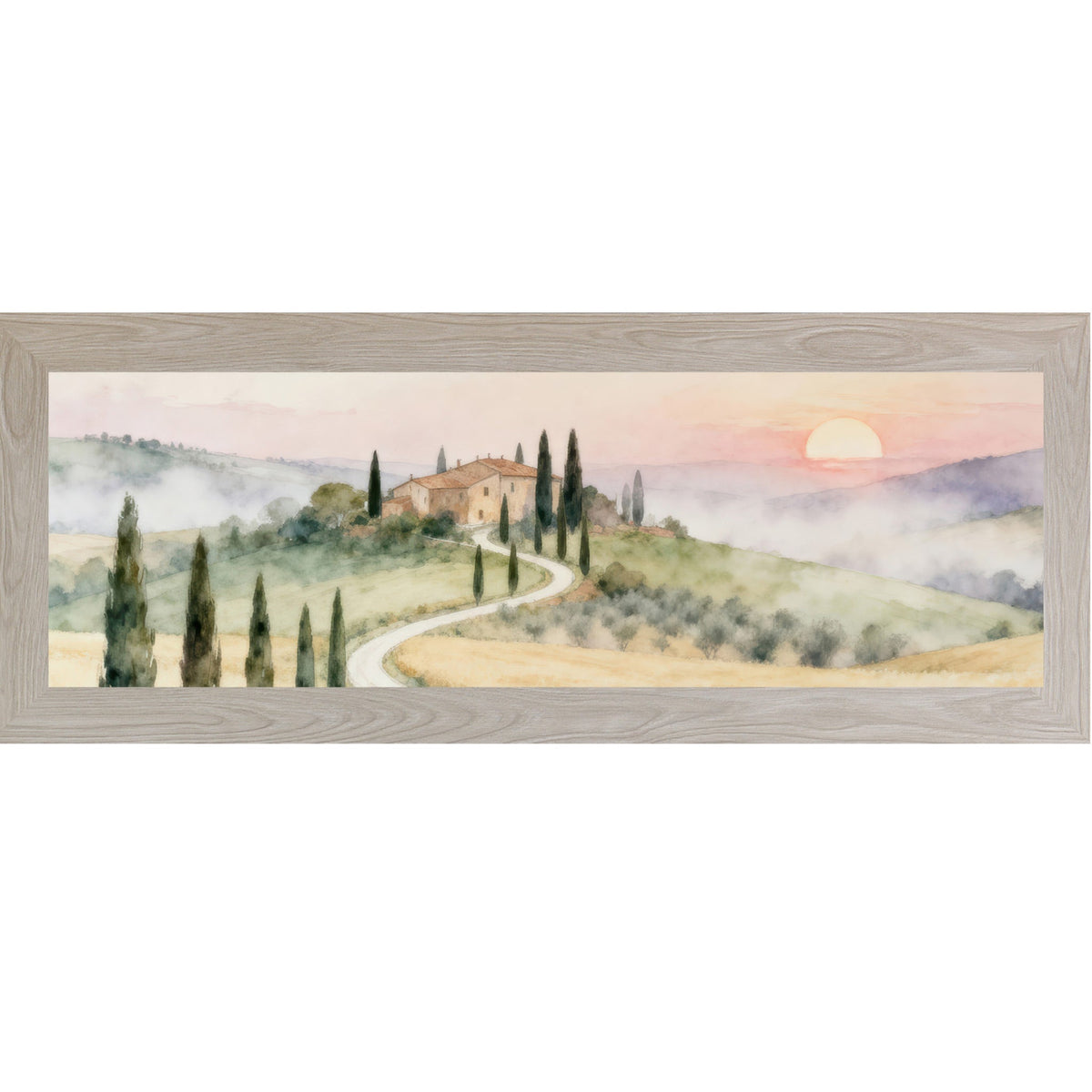 Tuscan Sunrise Road Wall Art – Watercolor Italian Countryside Wide Landscape Decor (SB925)