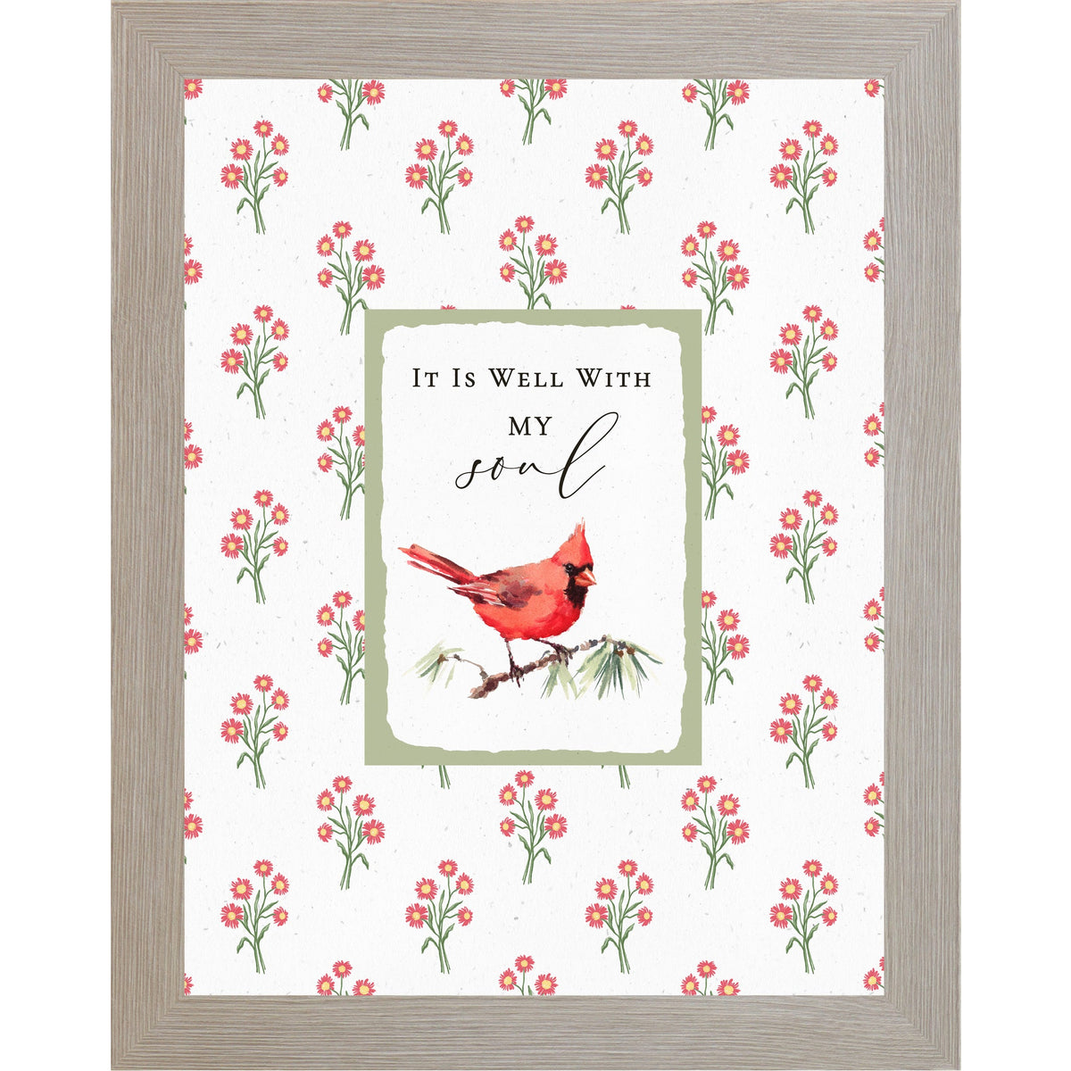 It Is Well With My Soul Cardinal Wall Art | Christian Floral Framed Decor | Red Bird Faith Print | SB176