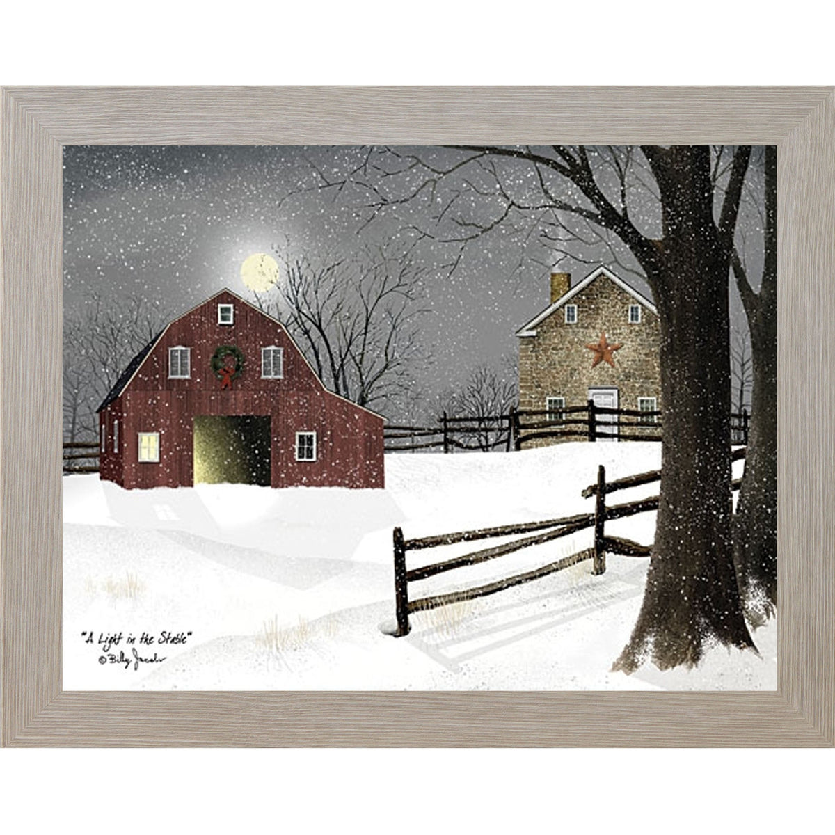 A Light in the Stable Wall Art by Billy Jacobs – Winter Barn Christmas Framed Print (BJ1068)