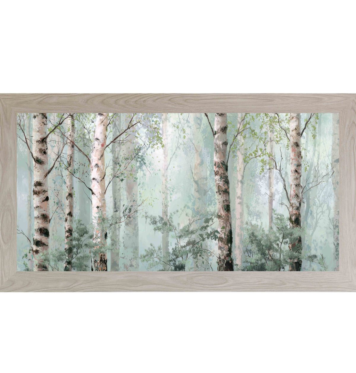 Birch Forest Mist Wall Art – Soft Watercolor Birch Tree Wide Landscape Scenic Decor (SB737)