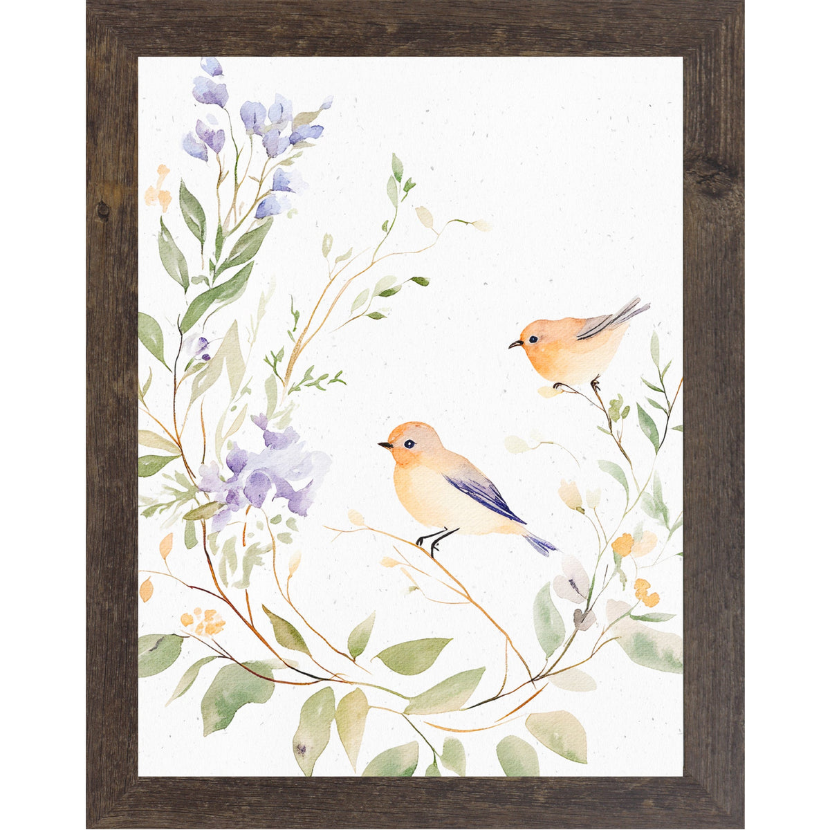 Watercolor Birds on Floral Branch Framed Wall Art – Soft Neutral Nature Decor, Bird Illustration (SB195)