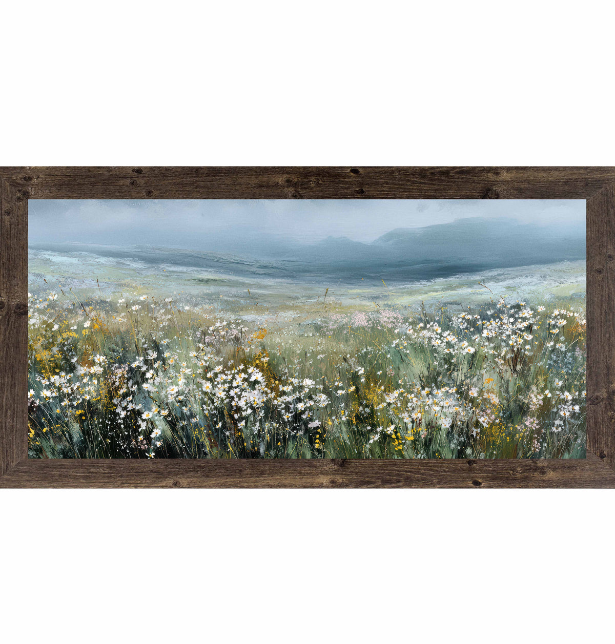 Wildflower Meadow Landscape Framed Wall Art – Watercolor Rolling Hills Floral Field Decor (SB752)