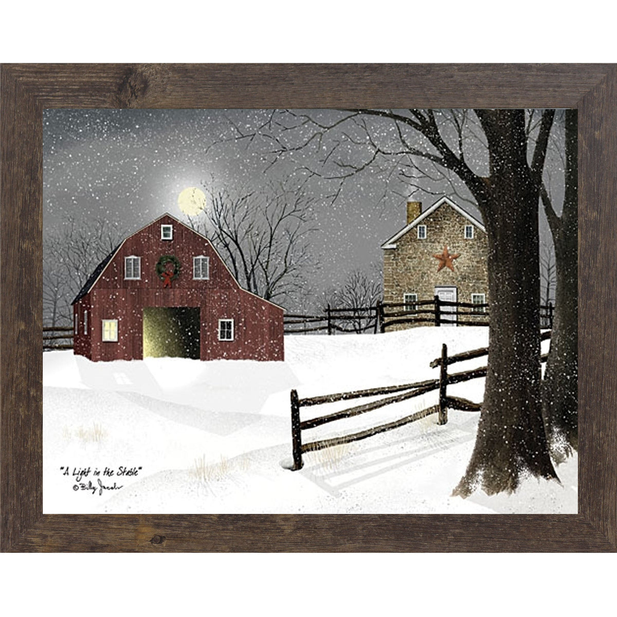 A Light in the Stable Wall Art by Billy Jacobs – Winter Barn Christmas Framed Print (BJ1068)