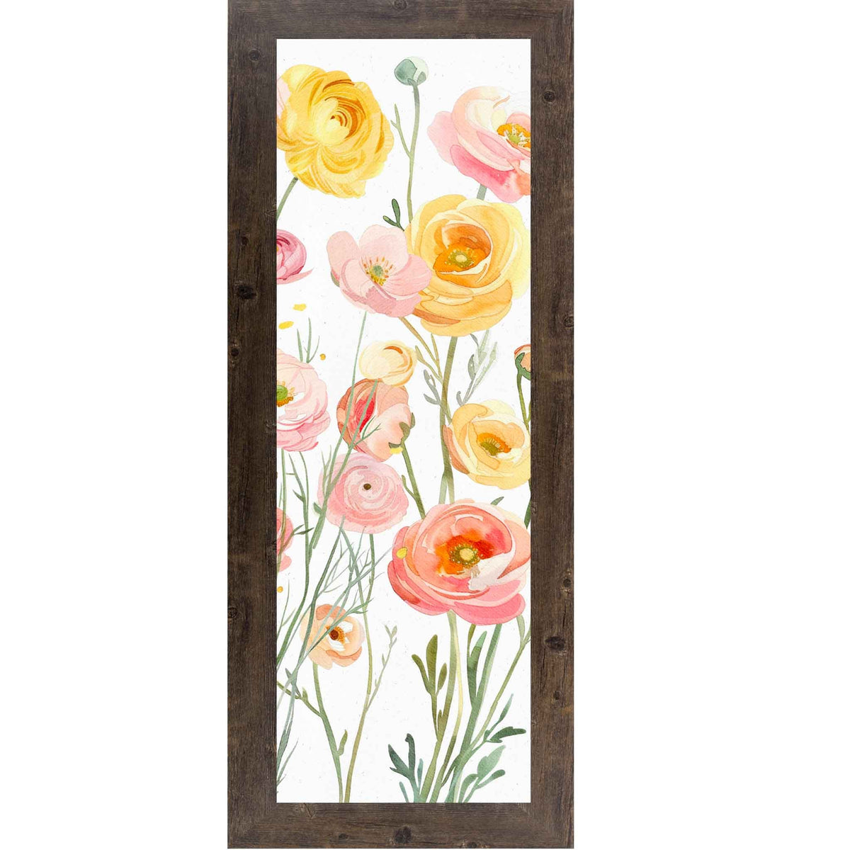 Golden Ranunculus Meadow – Vertical Watercolor Floral Wall Art – Slim Botanical Framed Decor 8x20 to 14x40 (SB912)