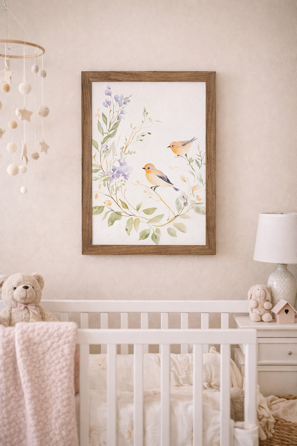 Watercolor Birds on Floral Branch Framed Wall Art – Soft Neutral Nature Decor, Bird Illustration (SB195)