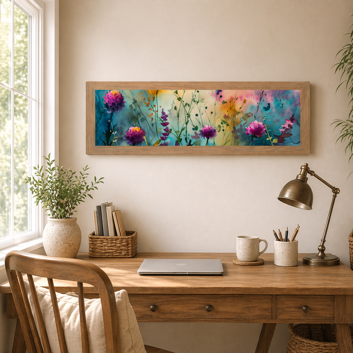 Teal Wildflower Wall Art – Watercolor Botanical Wide Landscape Floral Decor (SB932)