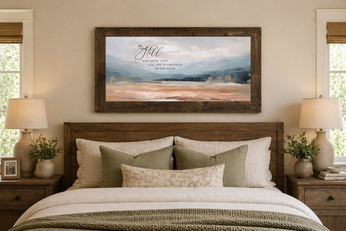 Be Still Wall Art – Palm Of His Hand Terracotta Landscape Wide Christian Scripture Decor (SB760)