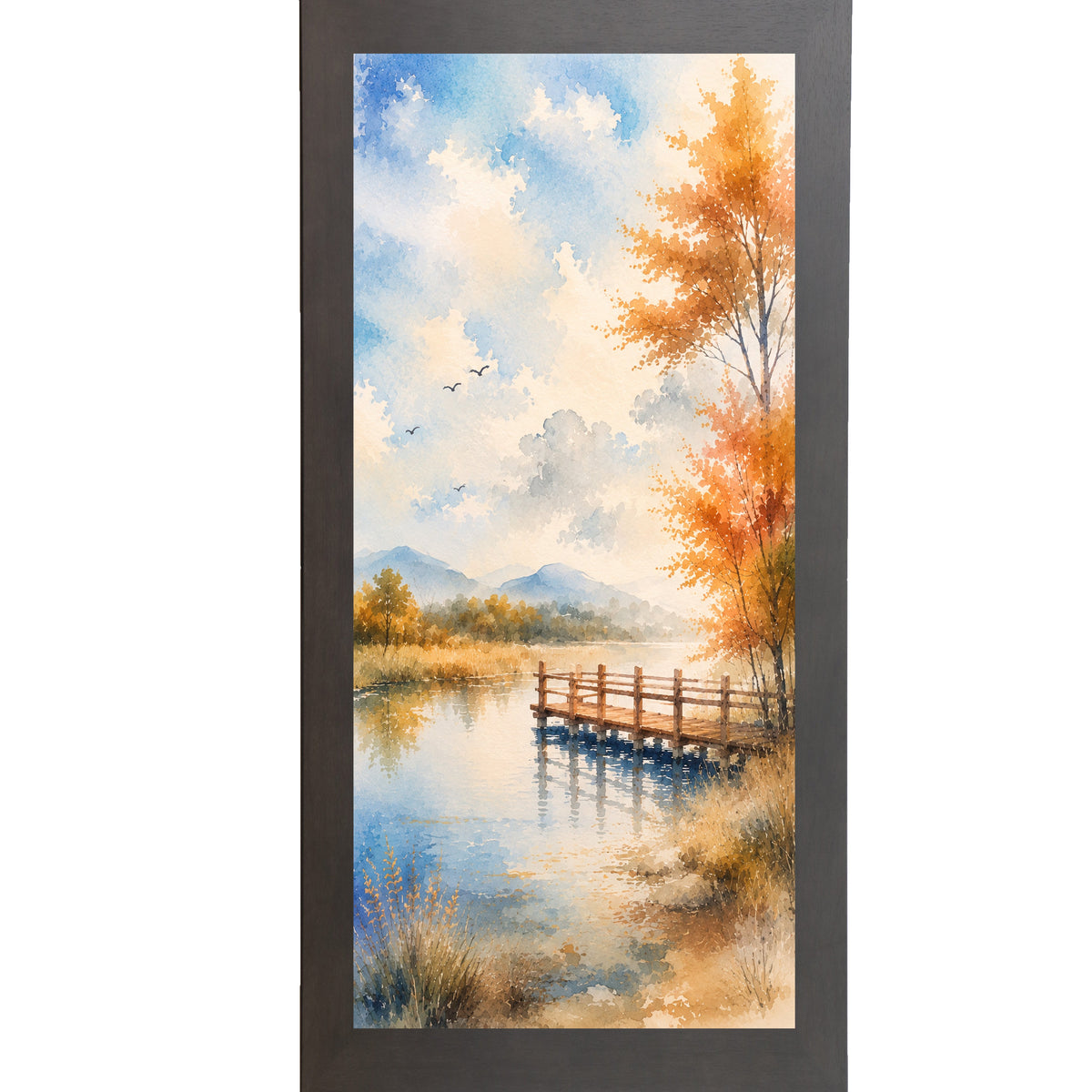 Autumn Pier Watercolor Wall Art – Tall Portrait Lake Scenic Landscape Decor (SB763)