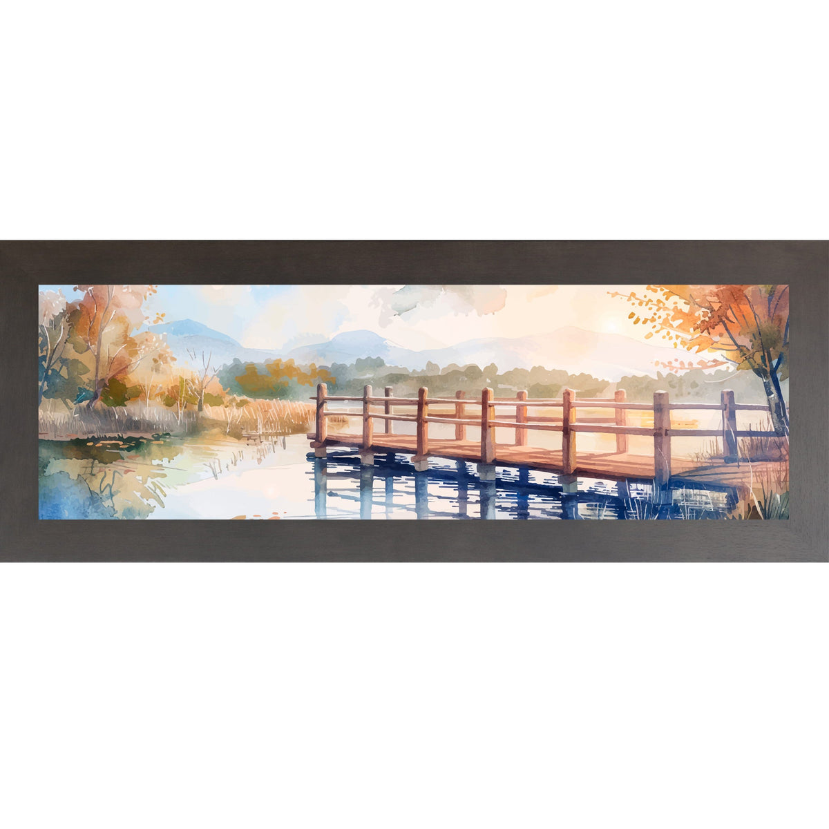 Autumn Pier Watercolor Wall Art – Wide Panoramic Lake Bridge Landscape Decor (SB943)