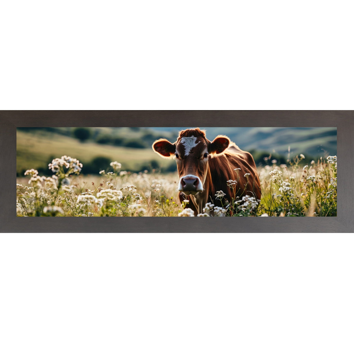 Jersey Cow Wildflower Panoramic Wall Art – Farmhouse Cattle Wide Landscape Decor (SB938)