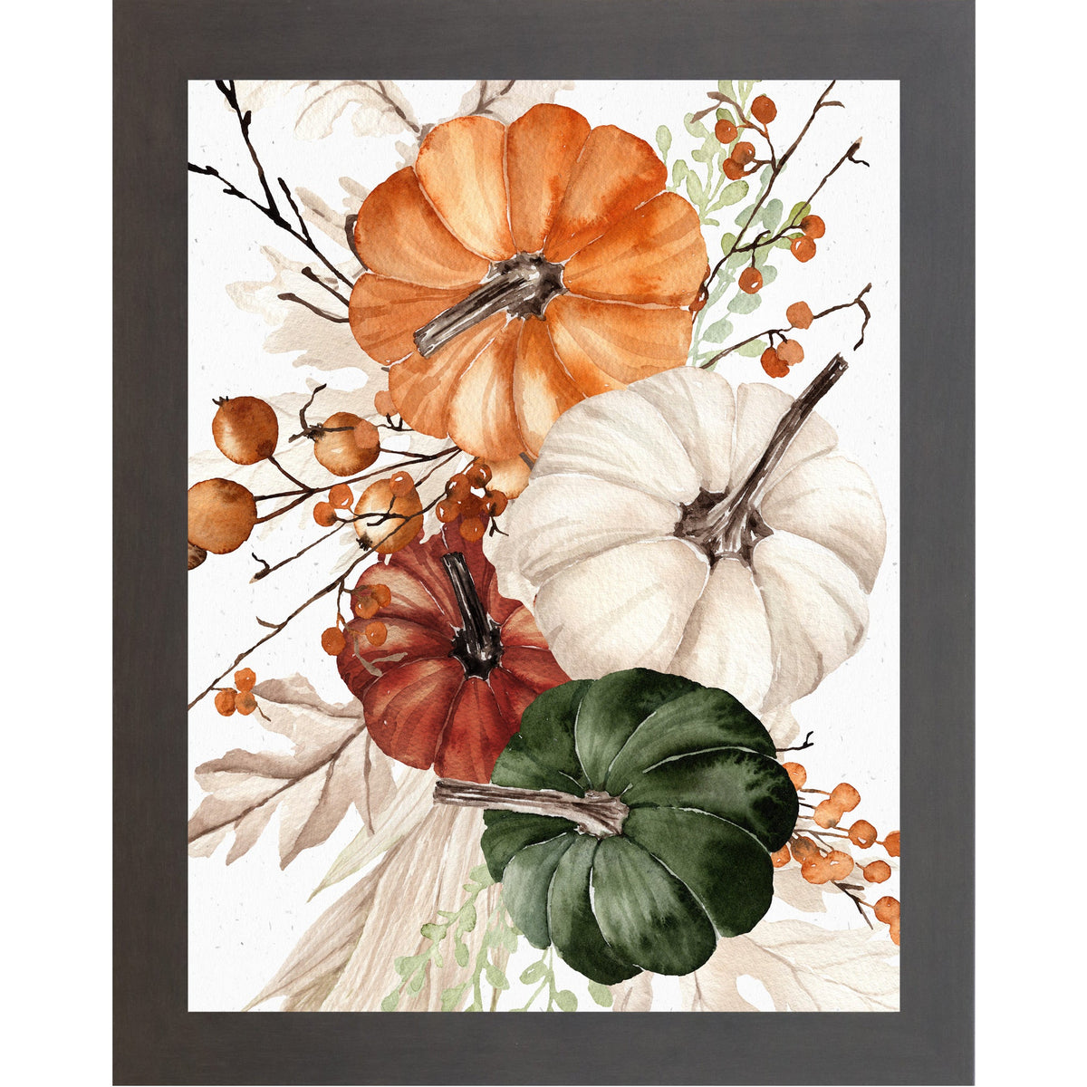 Pumpkin Bouquet Wall Art – Watercolor Orange White Burgundy Green Autumn Portrait Farmhouse Decor (SB252)