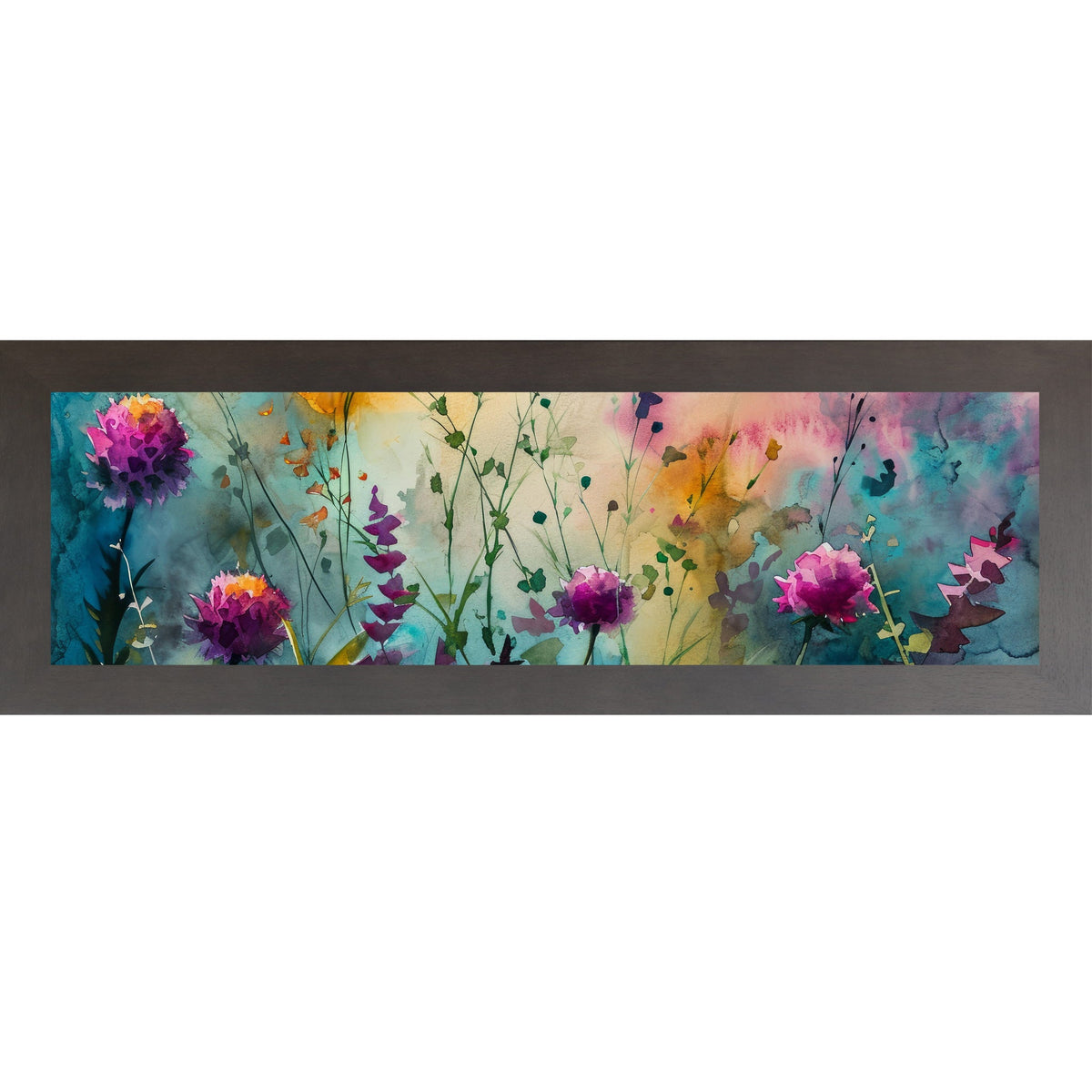 Teal Wildflower Wall Art – Watercolor Botanical Wide Landscape Floral Decor (SB932)