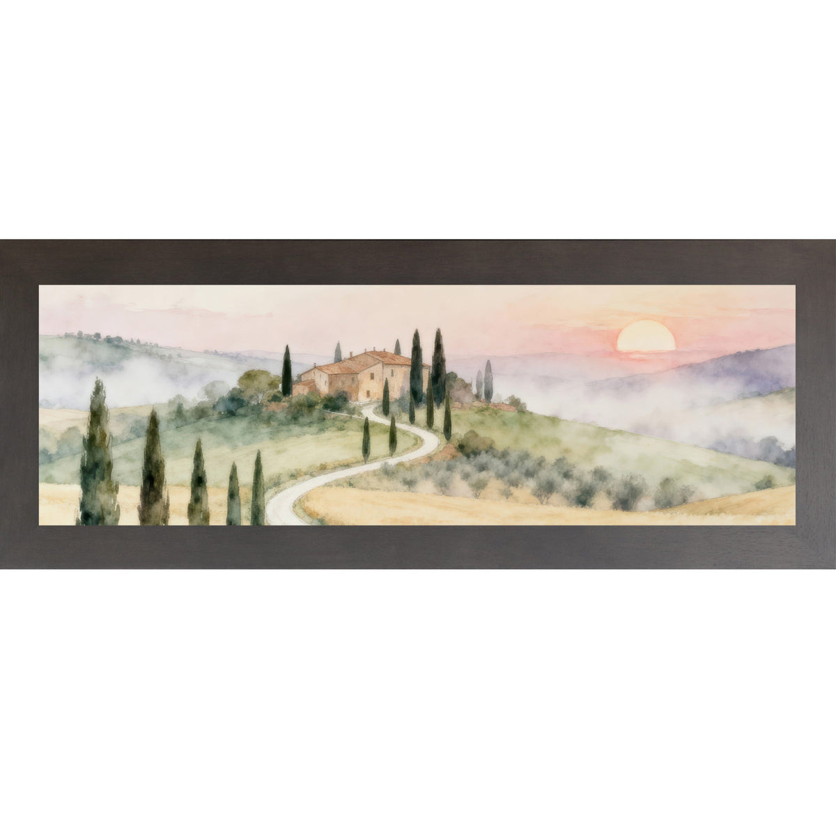 Tuscan Sunrise Road Wall Art – Watercolor Italian Countryside Wide Landscape Decor (SB925)