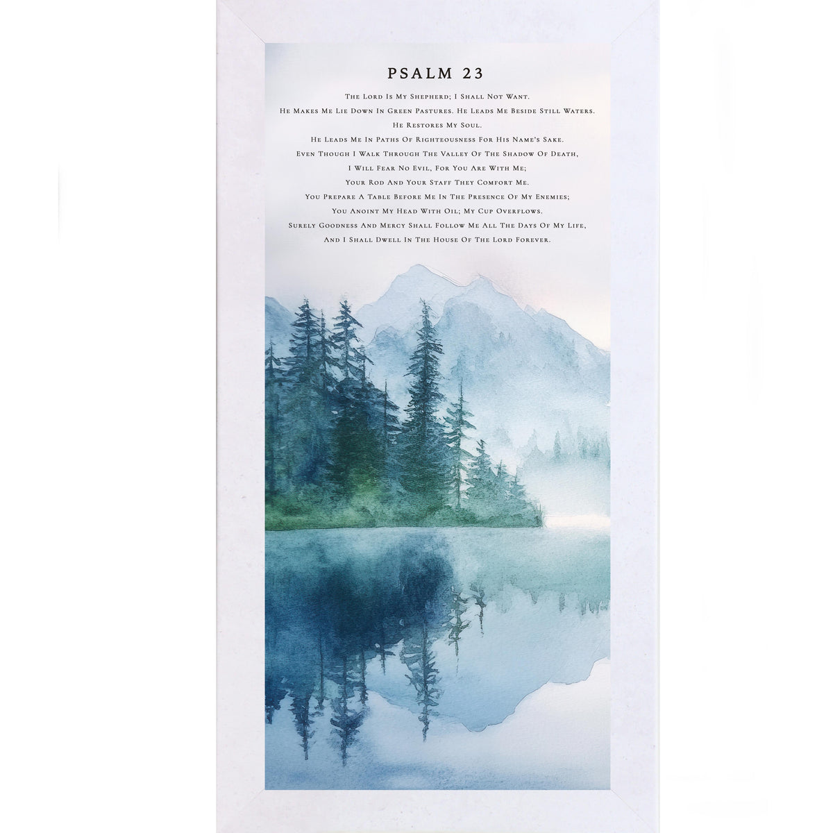 Psalm 23 Framed Wall Art – Watercolor Lake & Mountain Scripture Artwork, Christian Landscape Decor (SB750)